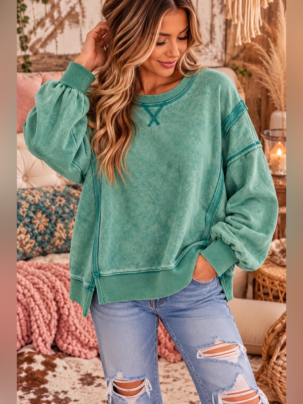 Green raw stitch mineral wash western bohemian embroidered hoodie sweatshirt